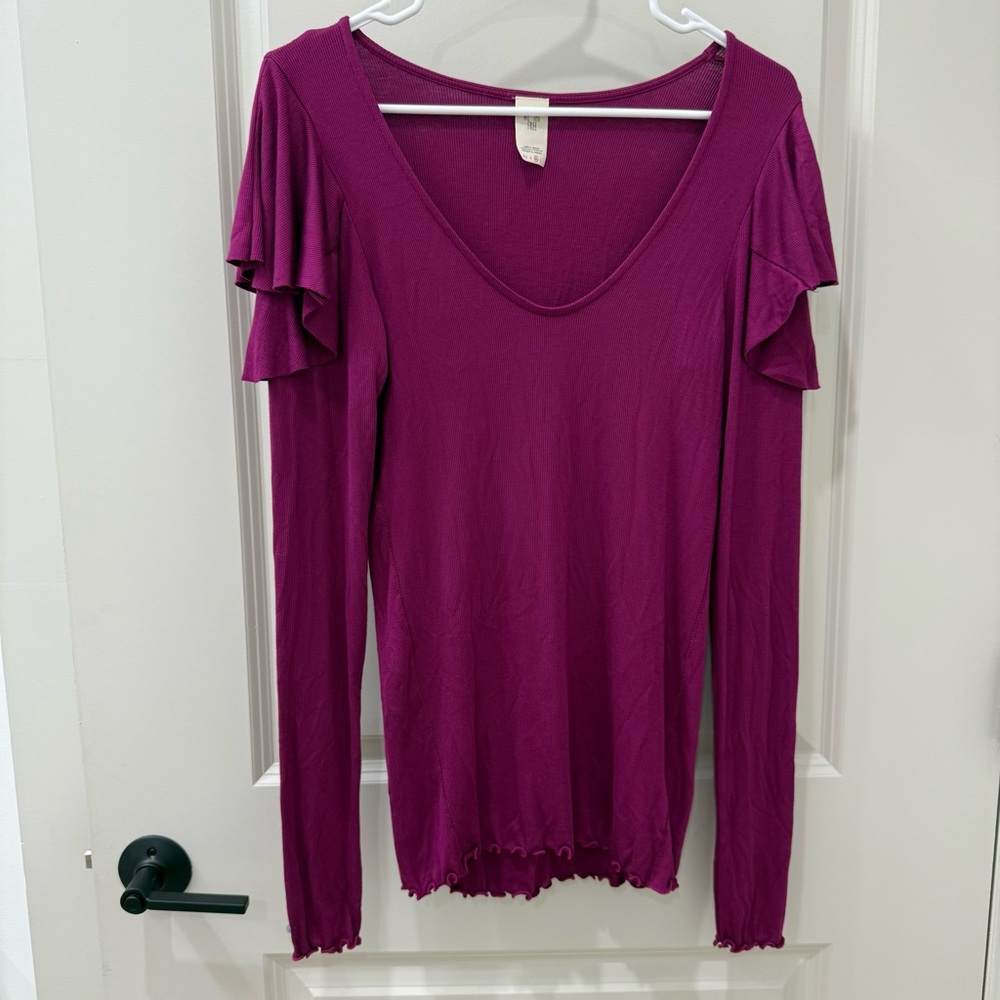 Free People We The Free On Rewind Ruffle Shoulder Top Berry M Knit Boho Soft